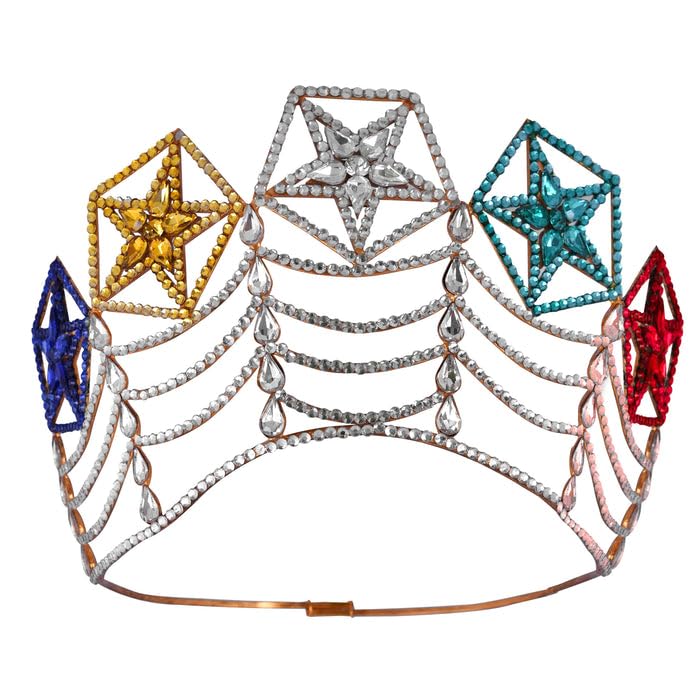 Bricks Masons OES Crown with Rhodium Plating and Colorful Stars – Adjustable Formal Crown with Crystal Accents