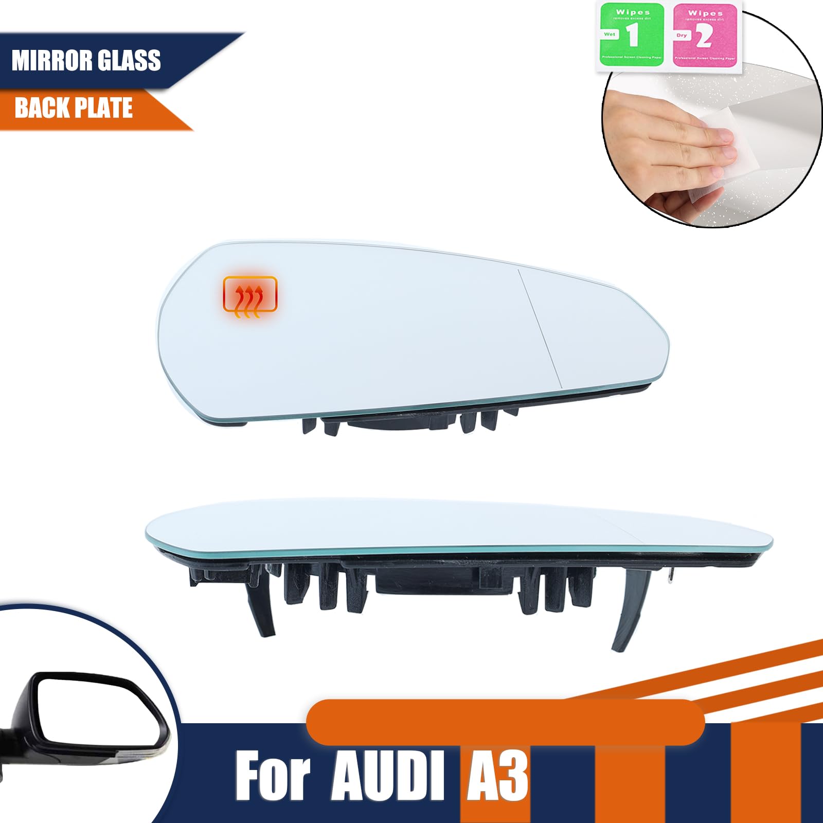 HQR Heated Aspherical Wing Mirror Glass For Audi A3 2013-2020 – Right Driver Side, Direct Fit, Blind Spot Ready