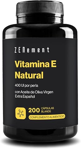 Vitamina E Natural 400 UI, 200 Perlas (7 meses de Suministro) | Potente Antioxidante, Protege las células del Estrés Oxidativo | D-Alfa-Tocoferol con Aceite de Oliva Virgen Extra | Zenement