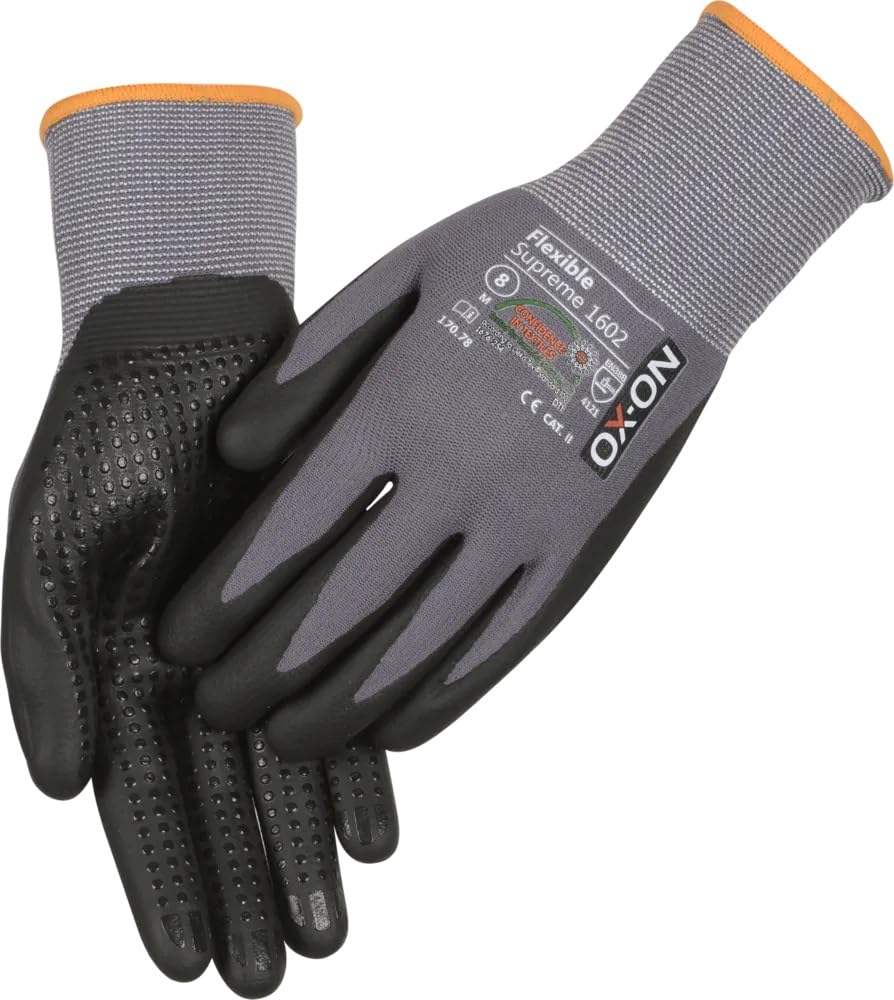 OX-ON Flexible Supreme 1602 Arbeitshandschuh Montagehandschuh | 170.80 | Nopperl - Handfläche genoppt | Nitrilbeschichtung | Größe 7 (S) bis 11 (XL) | 45% Nylon, 35% Nitrile, 20% Lycra (12, 10 (XL))