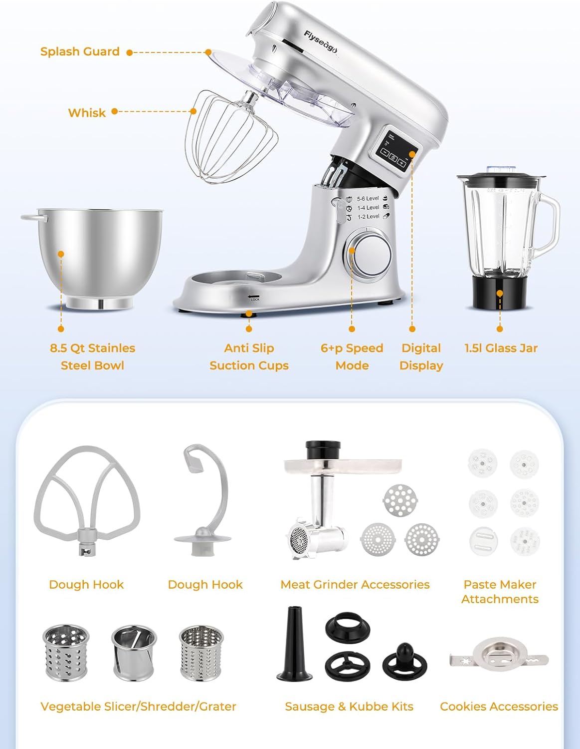 Stand Mixer 8-IN-1 8.5 Qt 2000W Multifunctional Fermentation Electric Kitchen Mixer 6 Speed Tilt-Head with Stainless Steel Bowl, 1.5L Glass Jar Meat Grinder Dough Hook Whisk Pasta Attachment