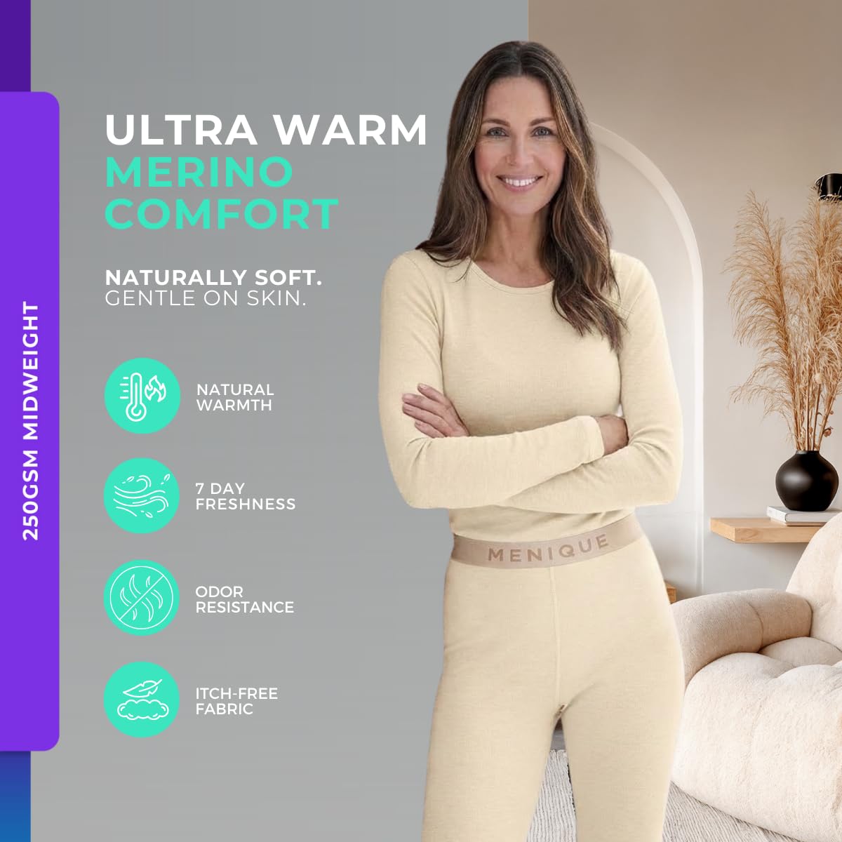 menique Conjunto de ropa interior térmica para mujer, 100 % lana merina, capa base térmica de 250 g/m², camiseta de manga larga y leggings, ropa interior para invierno, esquí, deportes al aire libre
