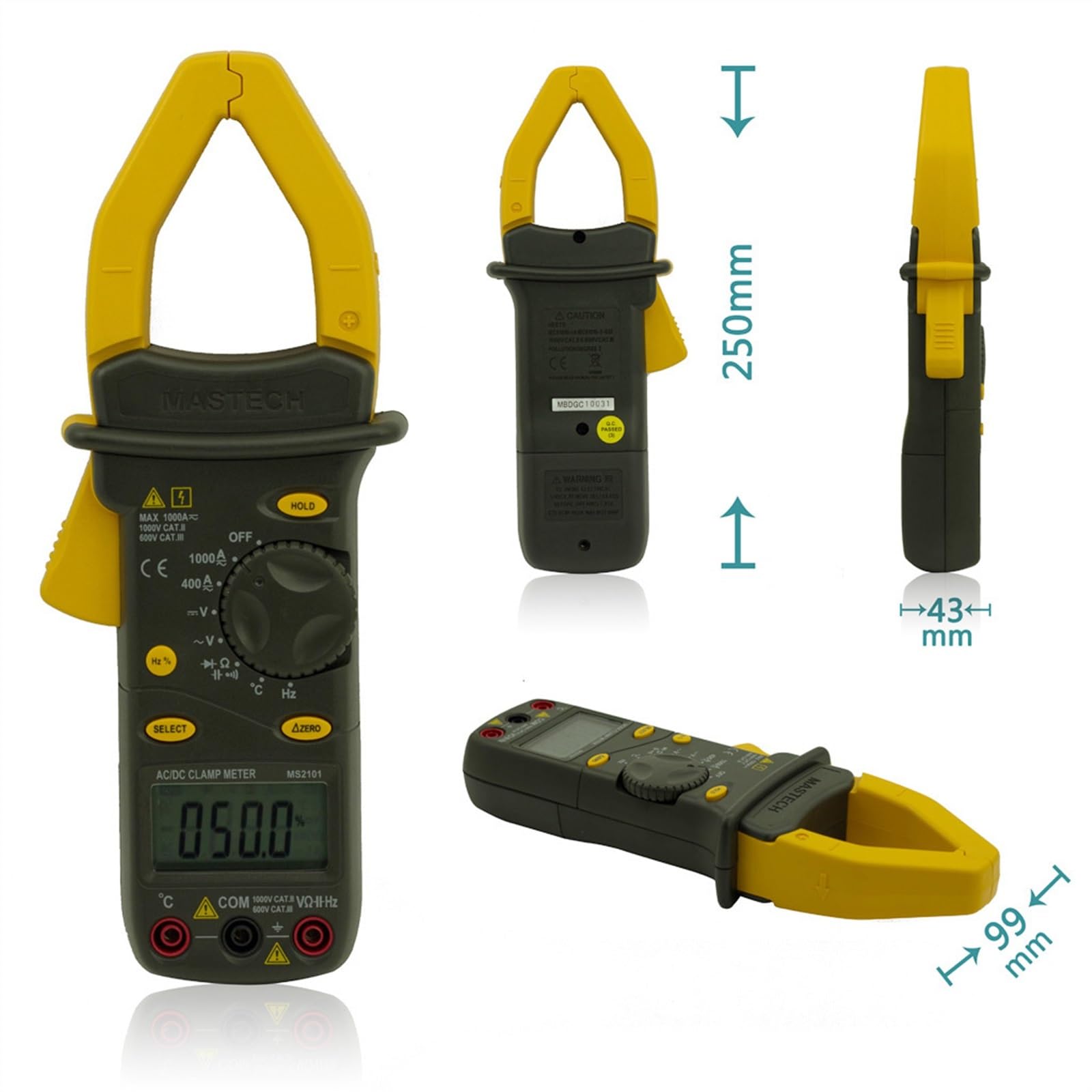 MS2101 AC/DC 1000A Medidor de pinza digital DMM Hz/C Pinza amperimétrica Medida Capacitancia Frecuencia Temperatura