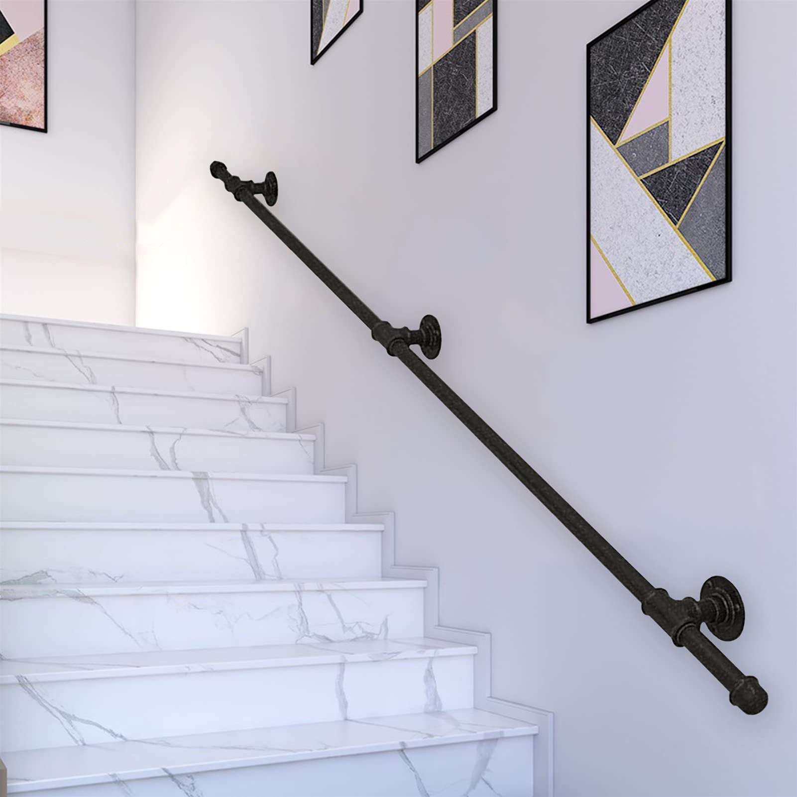 LWJSOCP Wrought Iron Staircase Handrail Support Kit Matt Black Powder Coat 9ft/270cm Galvanized Steel Pipe Metal Tube Grab Bar Hand Rail Stairs Banister