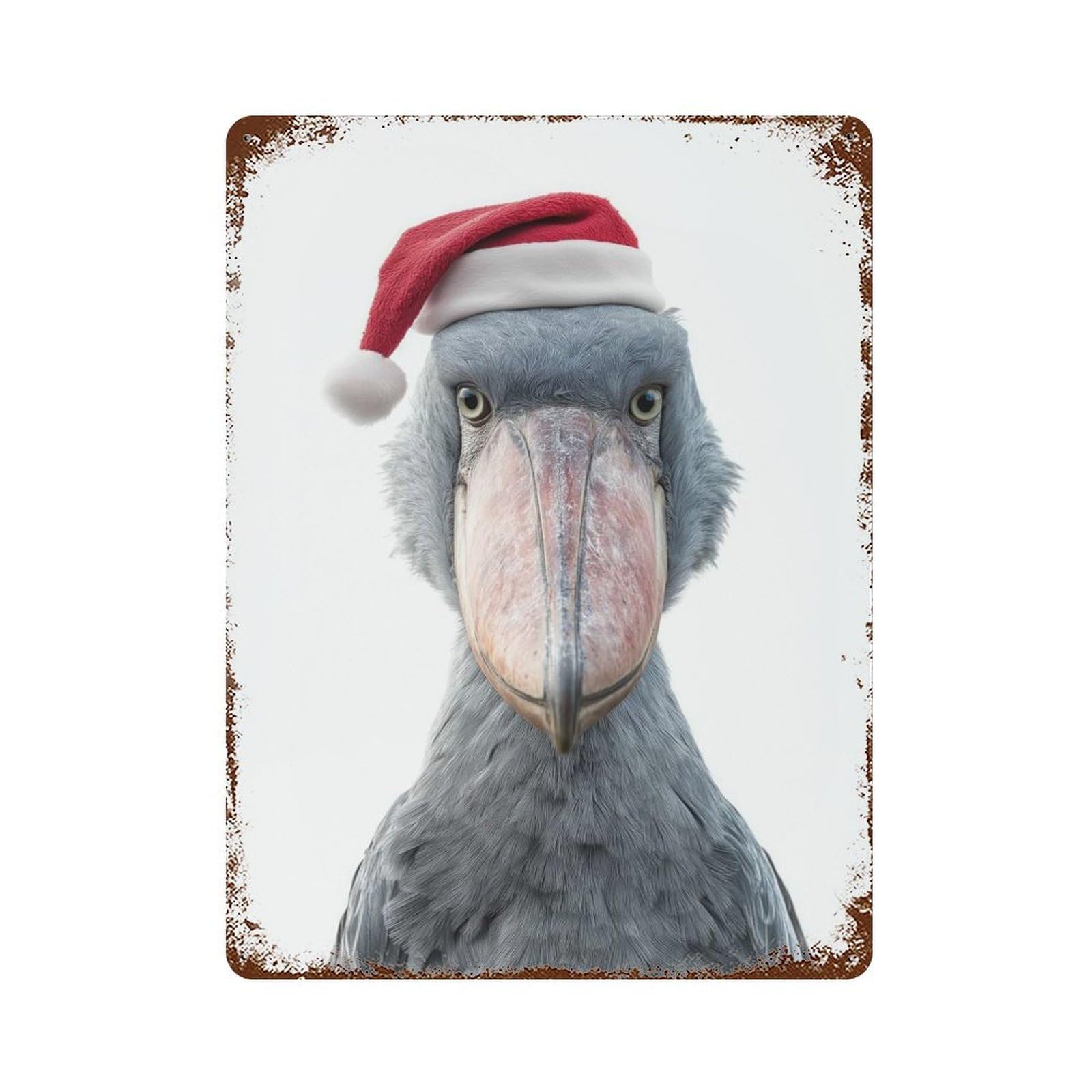 Aged Metal Wall Plaque with Festive Shoebill Stork with Santa Hat Design 15.7"x11.8", for Basement, Hobby Room And Garage Decor, Farmhouse Wall Decor