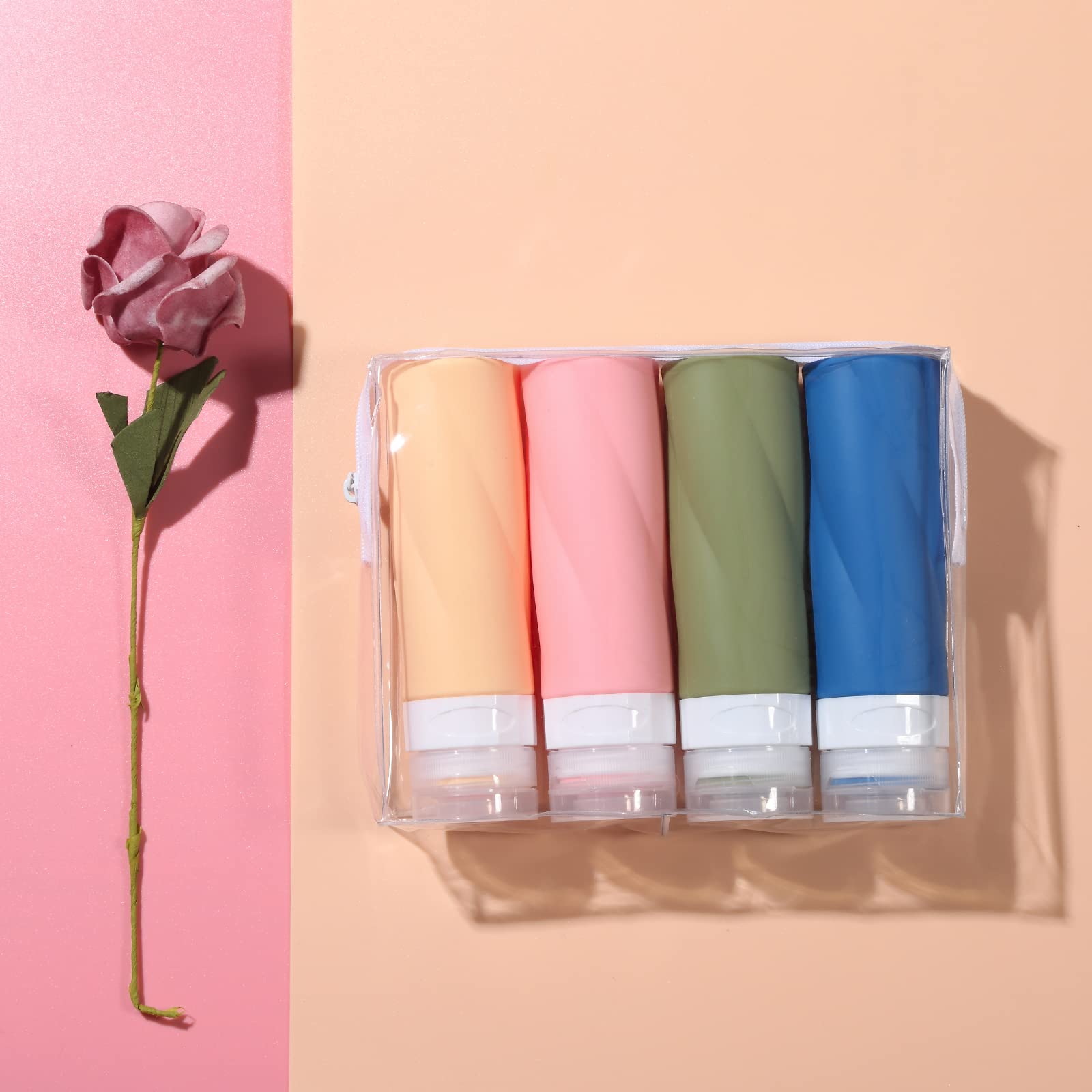 Gemice Reiseflaschen für Toilettenartikel, 85 ml, TSA-zugelassene Behälter in Reisegröße, BPA-frei, auslaufsicher, Reiseröhren, Flüssigkeit, Reisezubehör mit transparenter Kulturtasche (4 Stück)