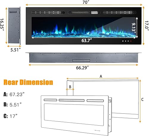 Miniatura 9 de Inserto de chimenea eléctrica empotrada de 60 pulgadas, 9 niveles de brillo de llama ajustable, ahorro de energía, calentador eléctrico de chimenea