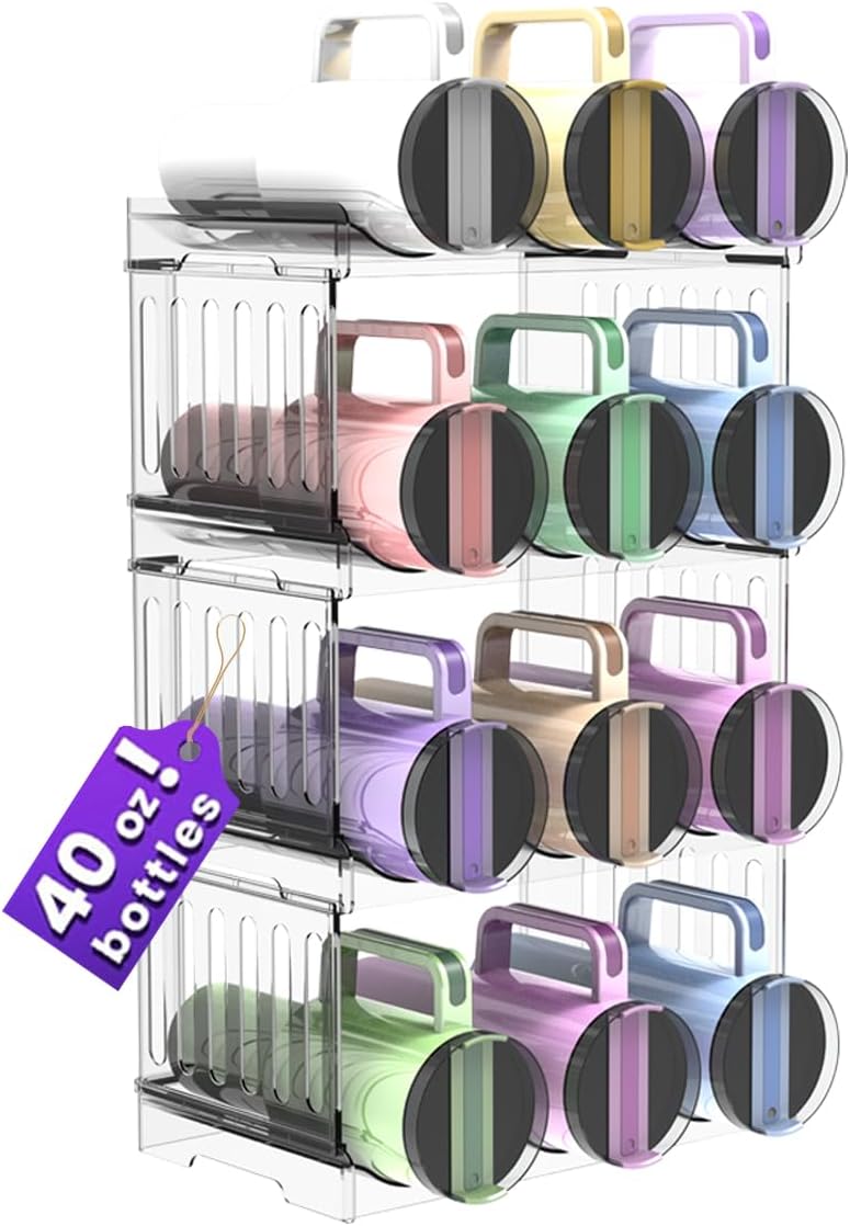 Water Bottle Organizer 4-Tier Set – Heavy Duty Stackable Holder for 40oz Stanley Tumblers & Wine Bottles, Drainable Kitchen Rack, Easy to Clean (Gift Idea)