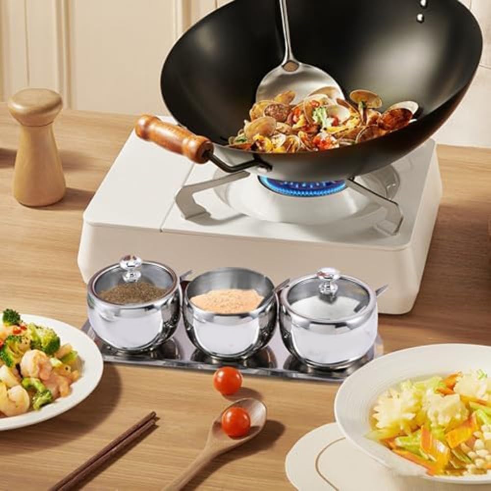 Set Portacondimenti 3 Scomparti Acciaio con Coperchio - Organizer Cucina per Zucchero Sale Pepe 300ml Argento(Three)