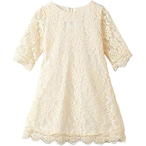 KISSOURBABY Girls Vintage Lace Flower Dress Boho Party Princess 3/4 Sleeve Dress