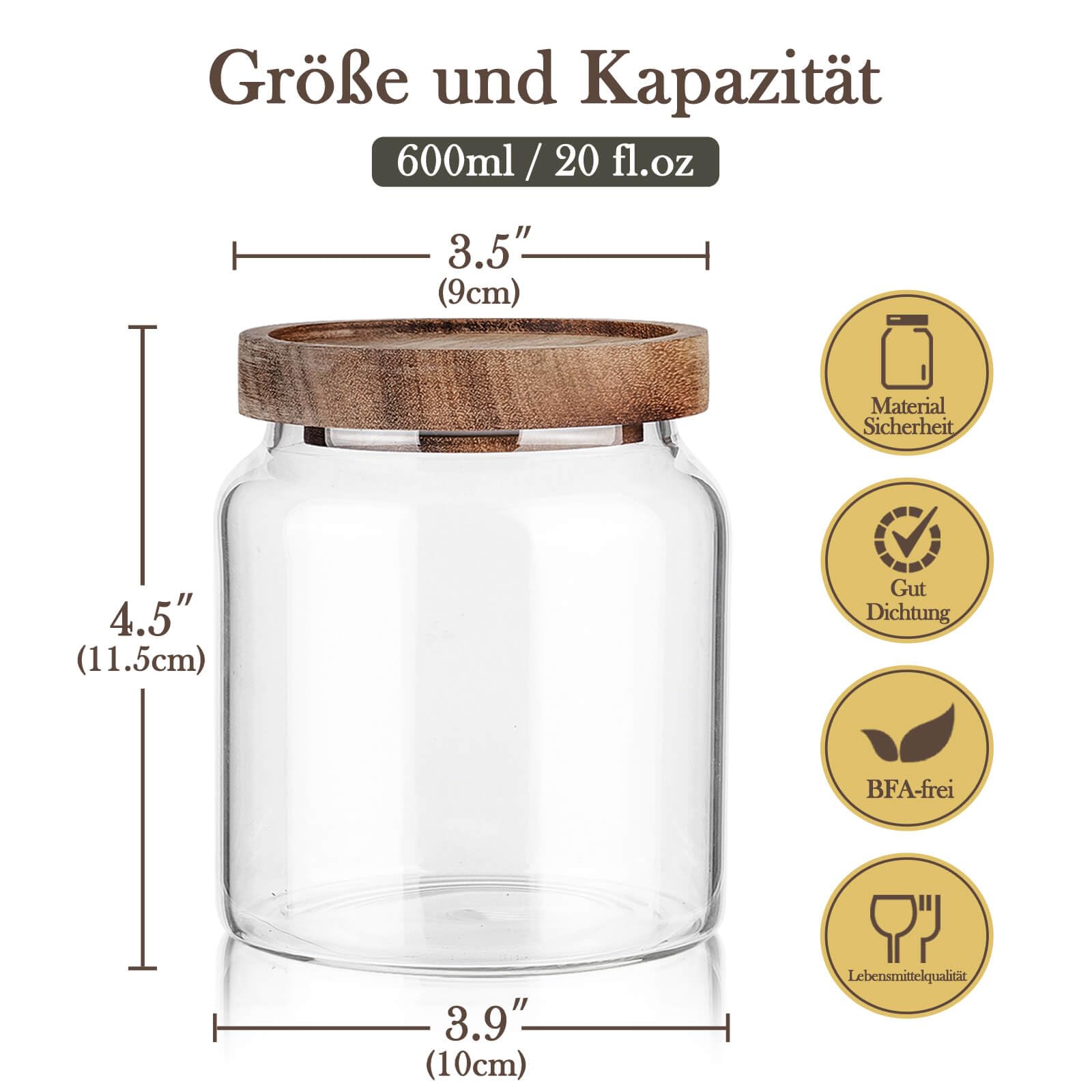 Labina Tarros de vidrio con tapa de madera, 3 unidades de 600 ml, envases de vidrio de boca ancha herméticos para azúcar, galletas, espaguetis, frutos secos y dulces