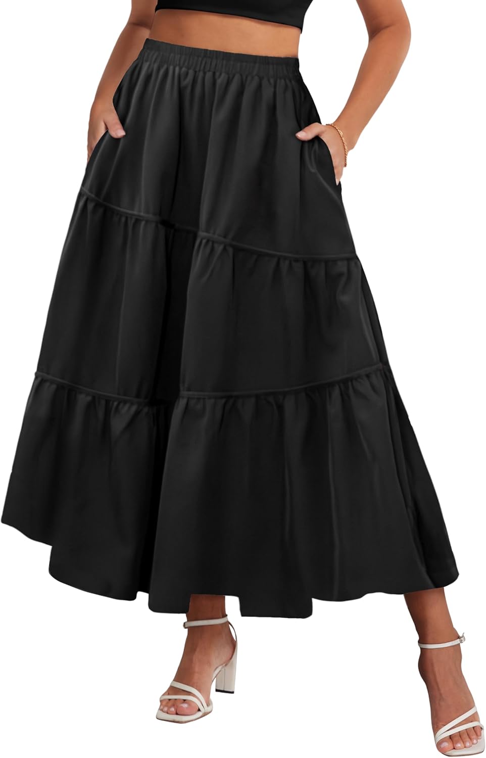 Belle Poque Womens Boho Elastic High Waisted Skirts Flowy Tiered Long Skirts Asymmetrical Skirt with Pockets