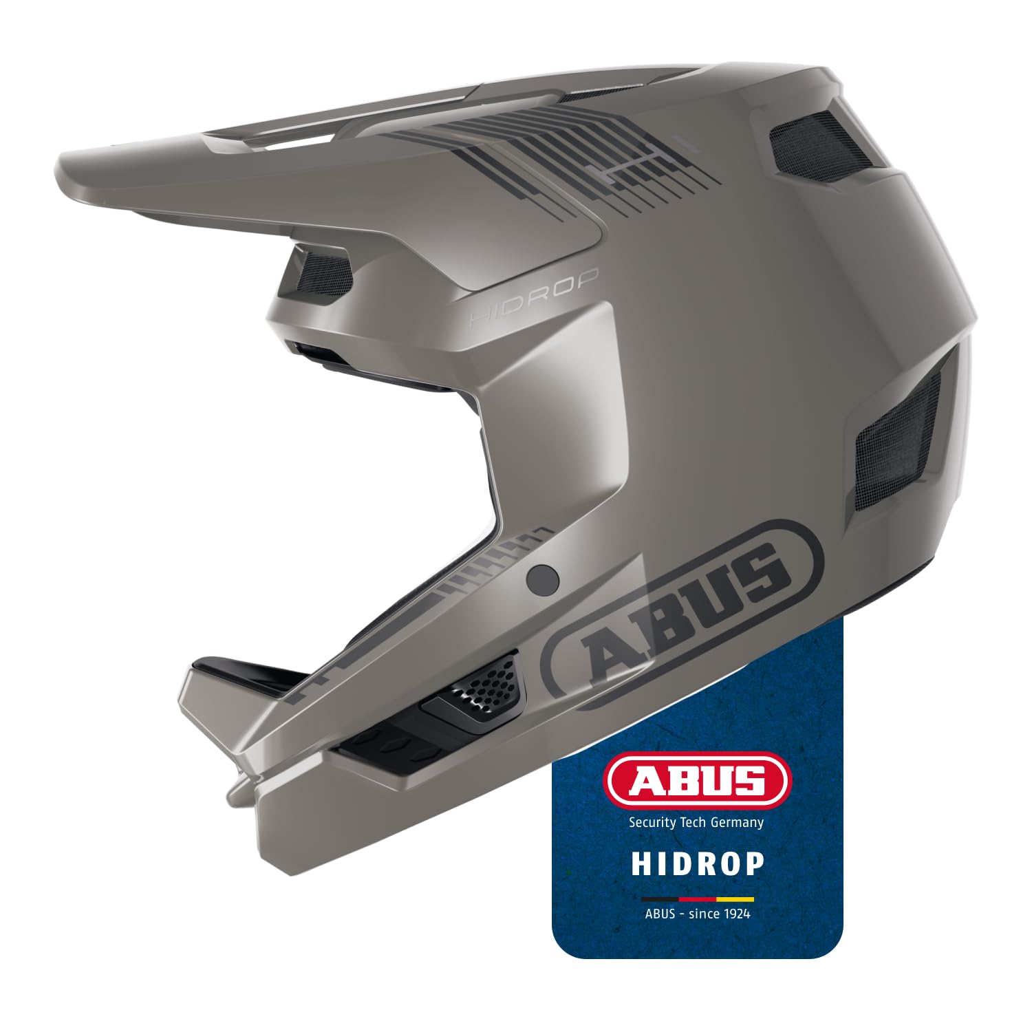 ABUS Casco Downhill HiDrop, Fullface, Dust Grey, Talla M | Casco de ciclismo certificado ASTM con carcasa ABS para MTB, Downhill, Enduro y Bikepark