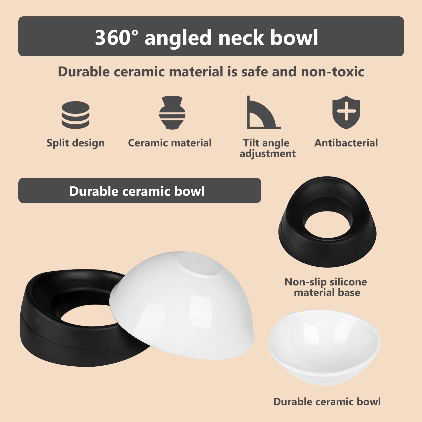 Bulldog Bowl Anti-Slip Dog Cat Dish Detachable Ceramic Dog Bowl Pet Sterile Tilted Pet Feeder Slope Bas (Black(White Ceramic Bowl) - Image 3