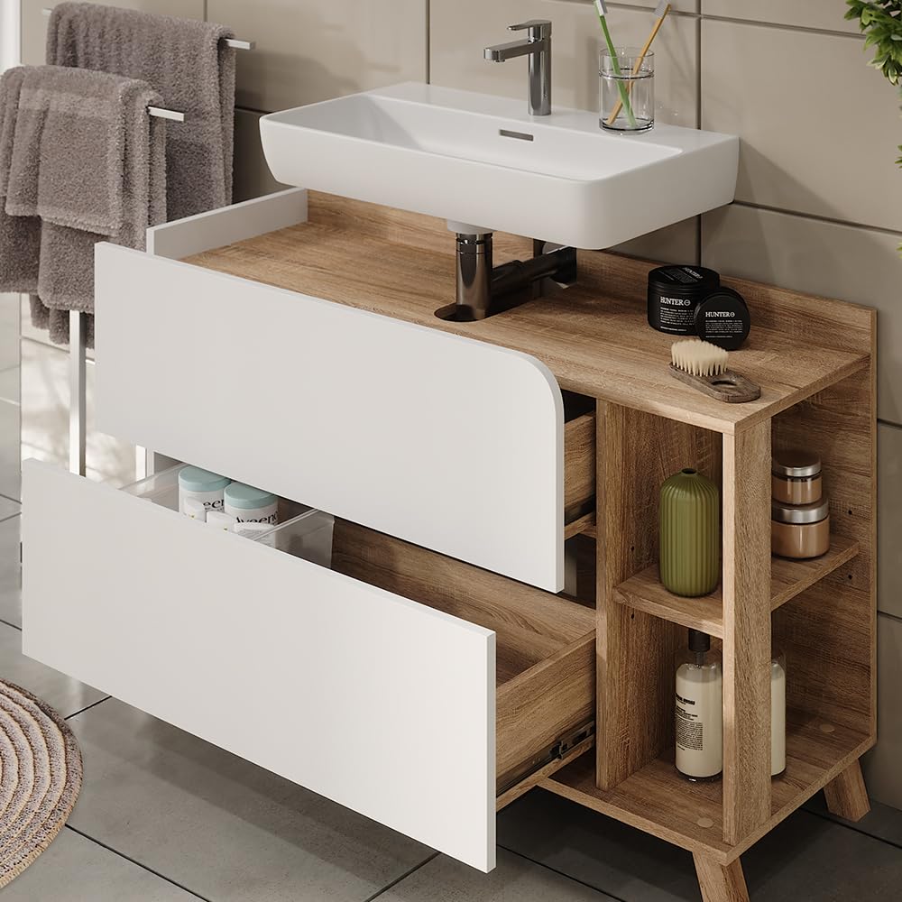 Vicco Conjunto de Muebles de baño Karen, Sonoma/Blanco, 100 cm | compuesto por mueble bajo lavabo, espejo, columna alta y columna media