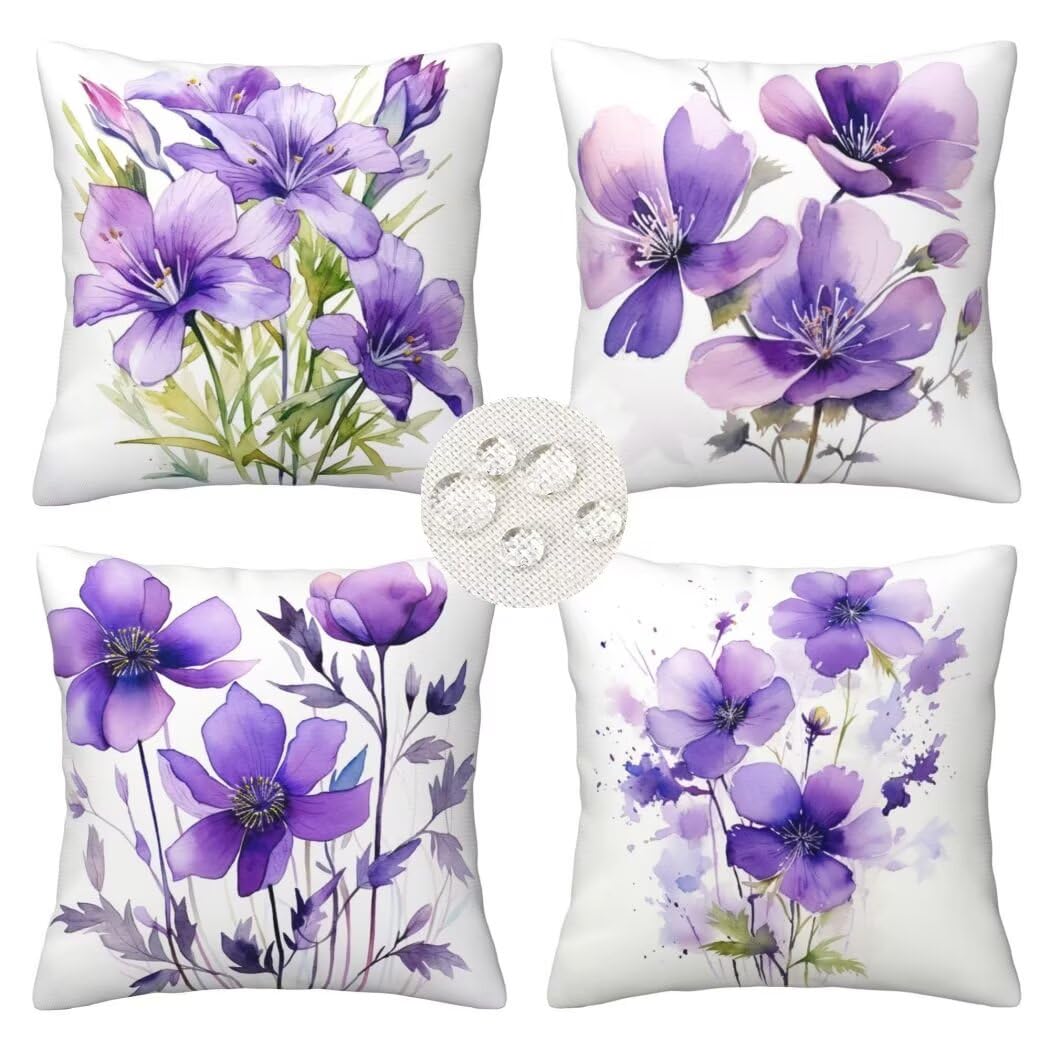 Outdoor Cushions 45cm x 45cm Set of 4 Waterproof Purple Cushion Covers Square Decorative Pillows floral Throw Pillow Case with Invisible Zipper for Outdoor Garden Patio Couch Bench 18x18 Inches -LI270