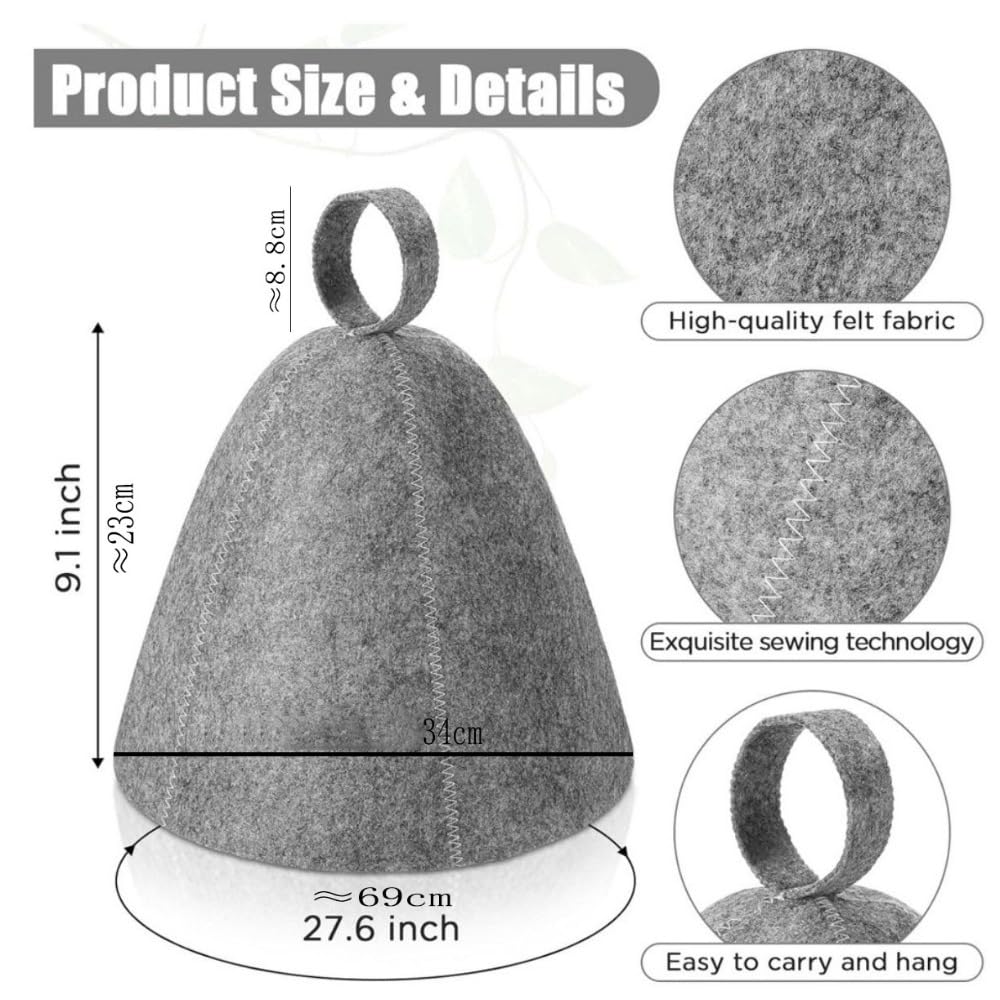 WUZIA 2Pcs Breathable Felt Sauna Cap Adjustable Head Protection Spa Accessories for Men Women, Grey - Image 2
