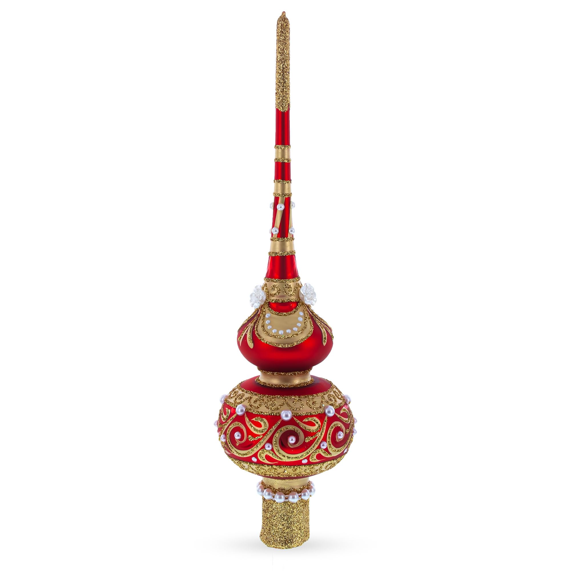 Dimensional Roses and Pearls on Golden Scroll Artisan Hand Crafted Mouth Blown Glass Christmas Tree Topper 11 Inches