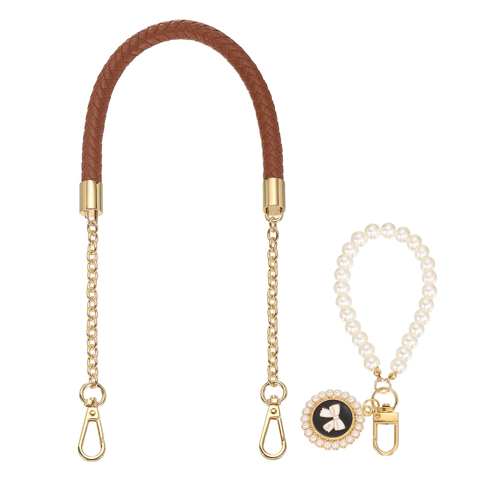 sourcing map PU Leather Chain Purse Strap, 24.4 Inch Braided Purse Handle Replacement with Pearl Pendant for Handbags Underarm Bag Tote (Brown, Light Gold Buckle)
