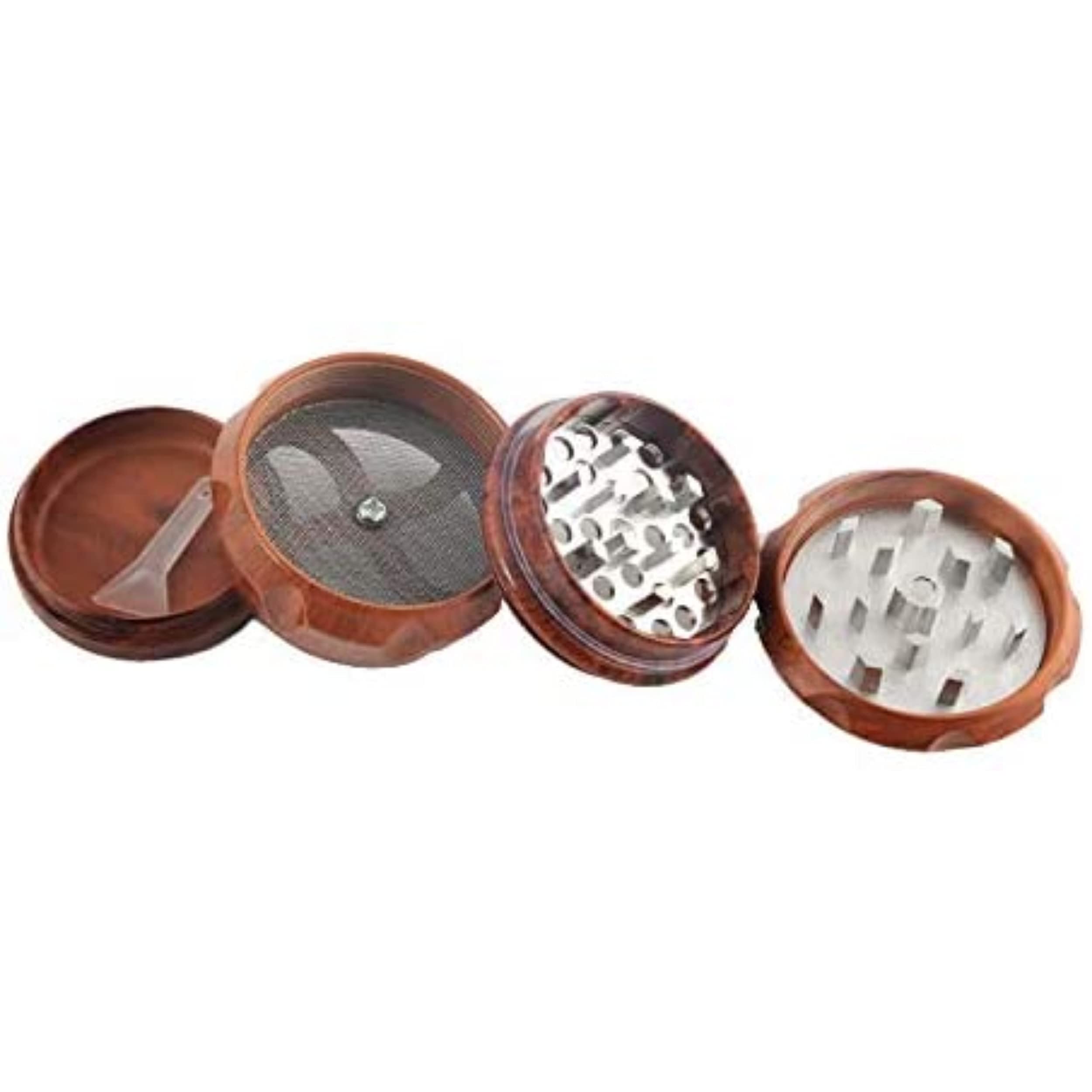 Harsmolen, houtlook, 50 mm diameter, kruidenmolen, 4-delig, met stuifmeelopvangbak en spatel, hoogwaardige aluminium tanden, magneetdeksel (licht hout