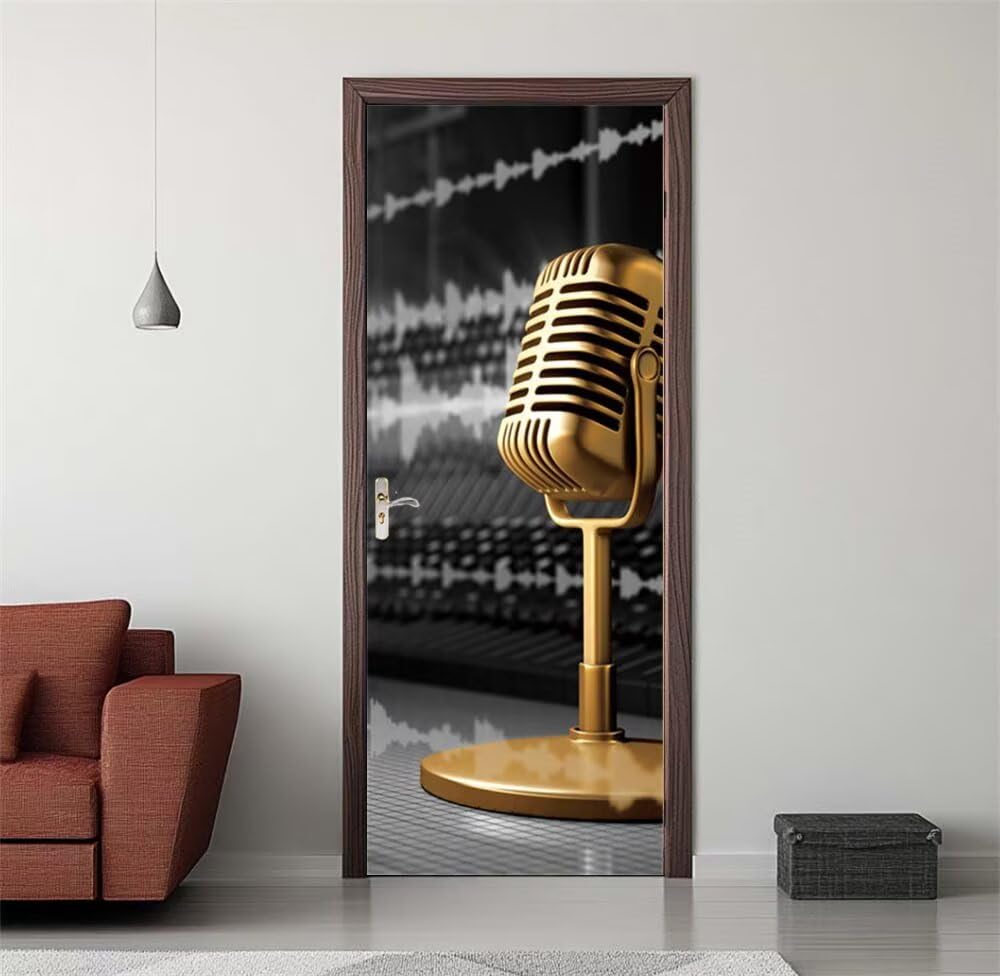 Door Stickers Murals Microphone Golden 3D Self Adhesive Door Decals for Interior Doors Waterproof Wall Decals Poster Sticker Wallpaper for Bedroom Bathroom Home Decor 35.4"X78.7"/90X200cm -DS3741