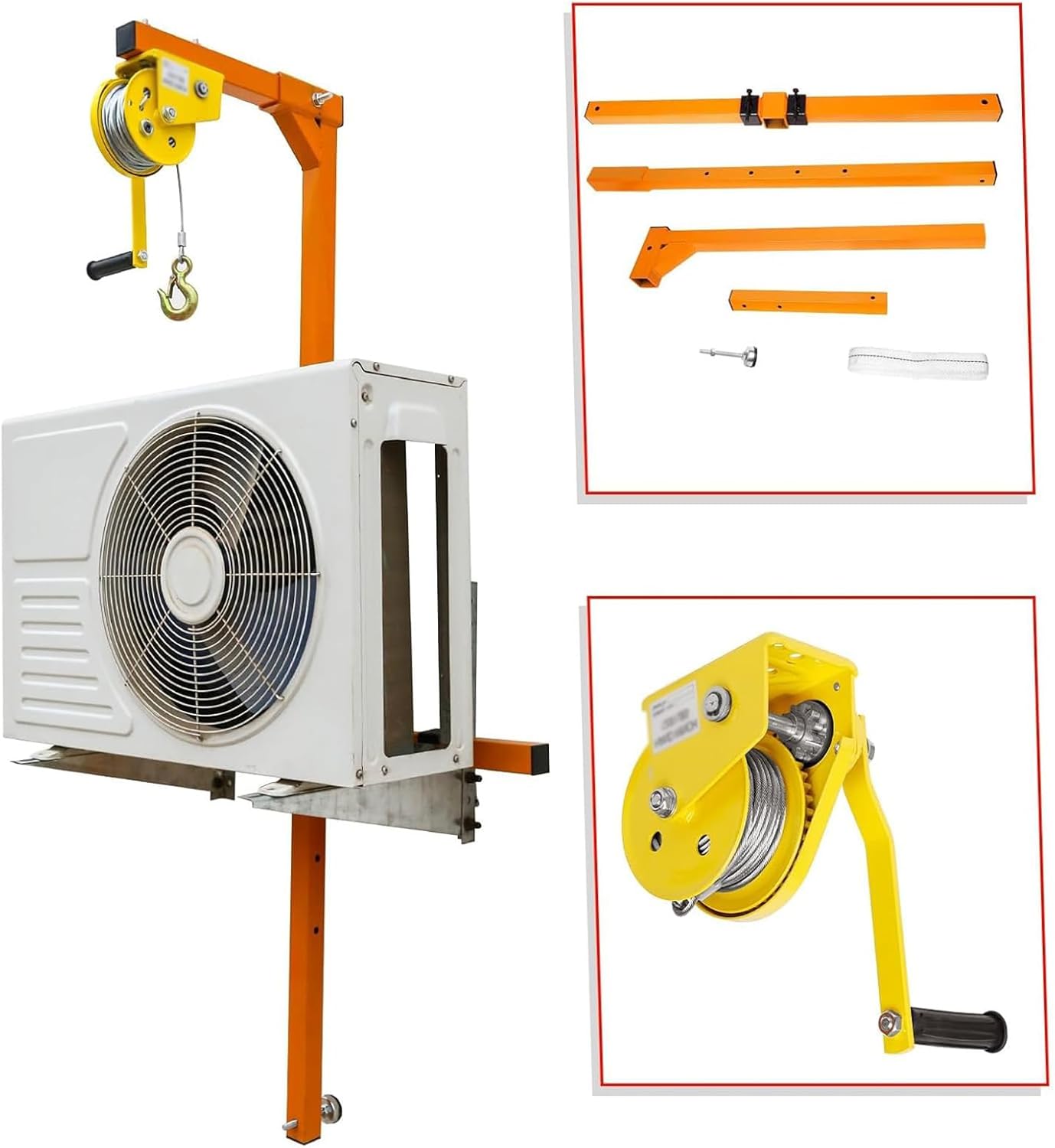 Air Conditioner Installation Lifting Tool with Folding Crane Bracket, Special Hanger, Pulley, and 15M Rope for Easy Outdoor Setup (Orange)