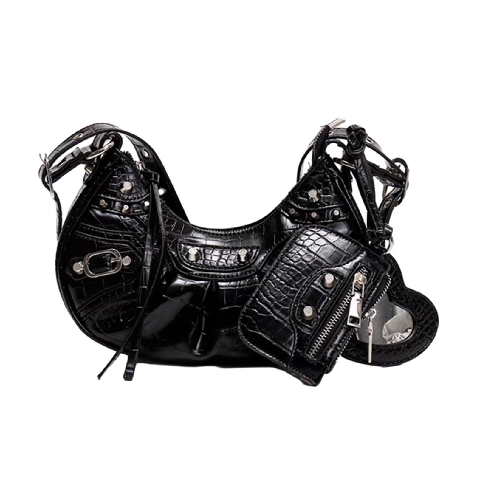 MYADDICTION Women Shoulder Bag With Mirror Studded With Zipper Adjustable Strap Hobo Bag Black (B0CTHMVVY6) Amazon Price History, Amazon Price Tracker