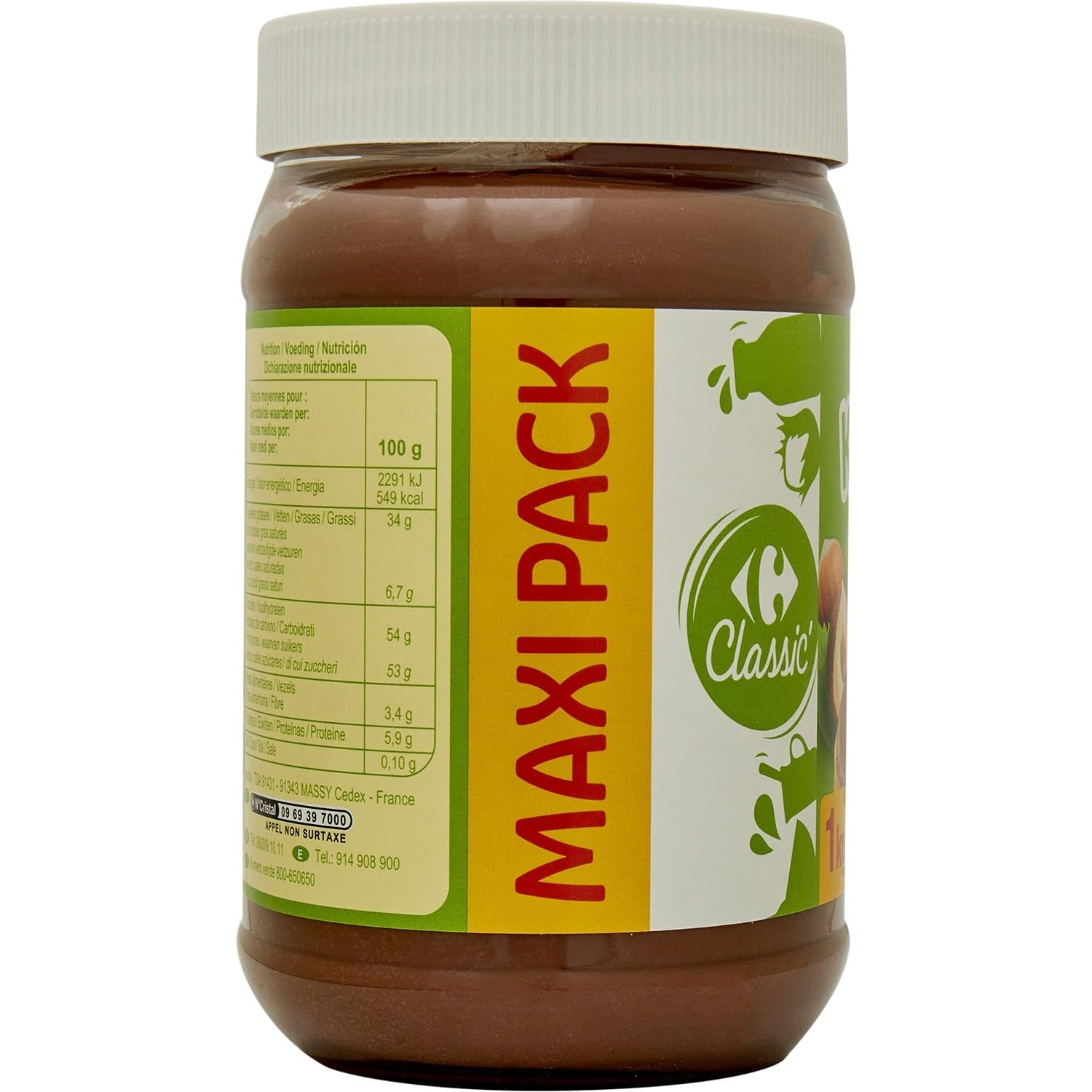 CARREFOUR CLASSIC' - Pâte à Tartiner Noisettes - 13% de Noisettes - le pot de 1 kg - Le Lot De 3