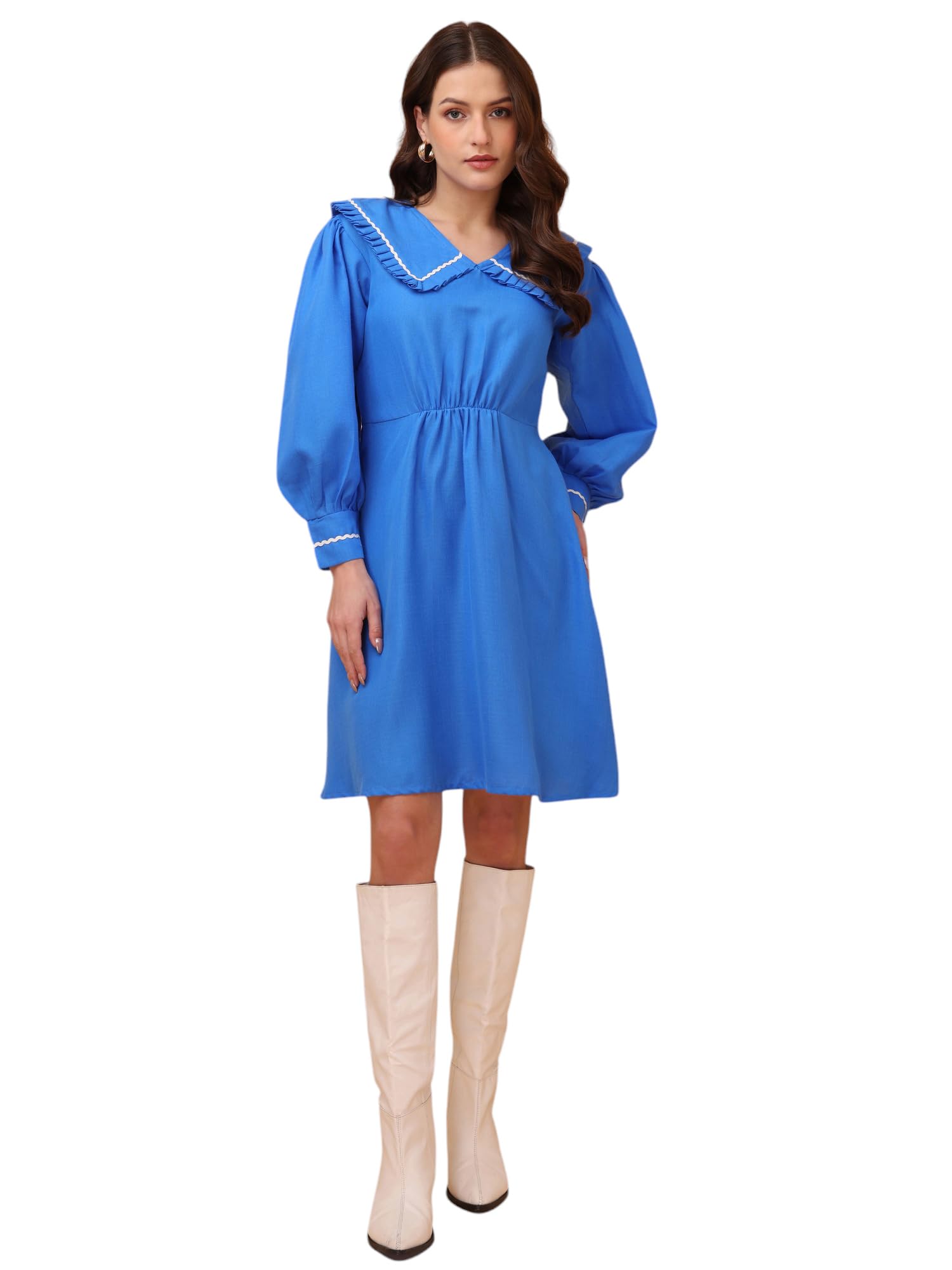 Purvaja Womens V-Neck Fit & Flared Cotton Blend Dress (Floe-038-Xl_Blue)