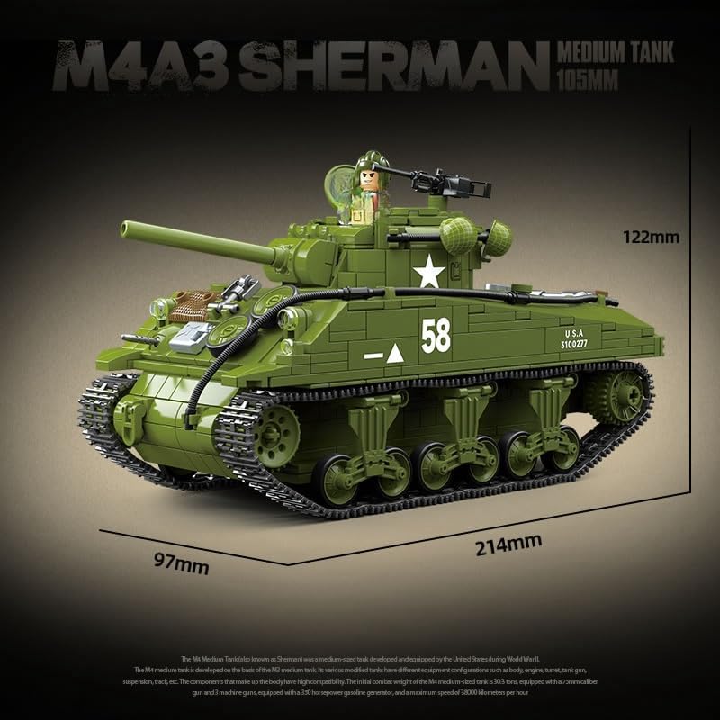 M4A3 Sherman Medium Tank with key dimensions