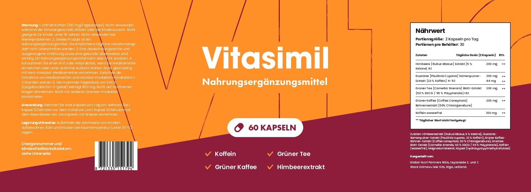 Nahrungsergänzungsmittel Mit Pflanzlichen Extrakten, Himbeerketon und Grüner Tee, 450mg
