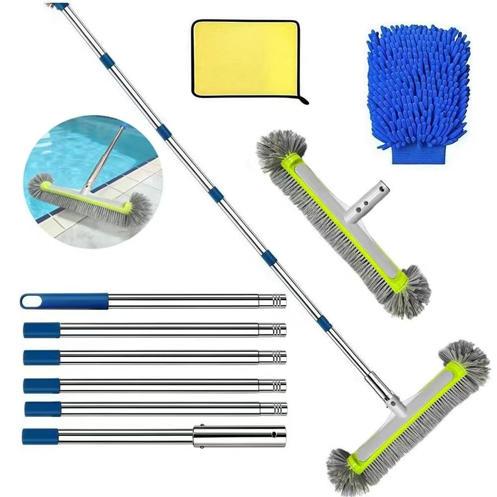 Cepillos para Piscinas 230cm, Cepillo Piscina 45cm, Cepillo para Limpiar Piscinas, Kit Piscina Limpieza, Cepillo para Limpiar Piscinas con Varilla de Acero Inoxidable.