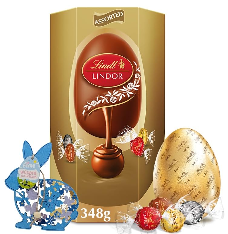 Lindt Easter Egg Chocolate Hamper - Giant Milk Chocolate Easter Egg with Assorted Chocolate Truffles 348g and Wooden Topline Easter Decoration. Great Chocolate Easter Gift for Her or Him.