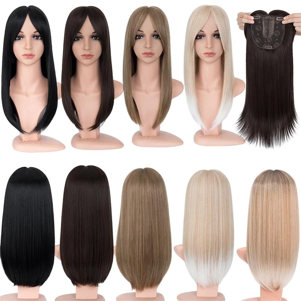 Toppers for capelli for donne con capelli diradati, posticci sintetici da 18'' con frangia(Dack Brown)