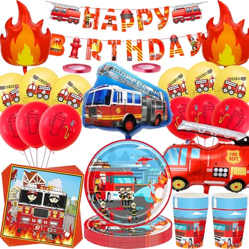Ensemble de décoration d'anniversaire pour camion de pompier, 80 pièces de vaisselle pour fête de pompier avec grand ballon en feuille, vaisselle en carton...