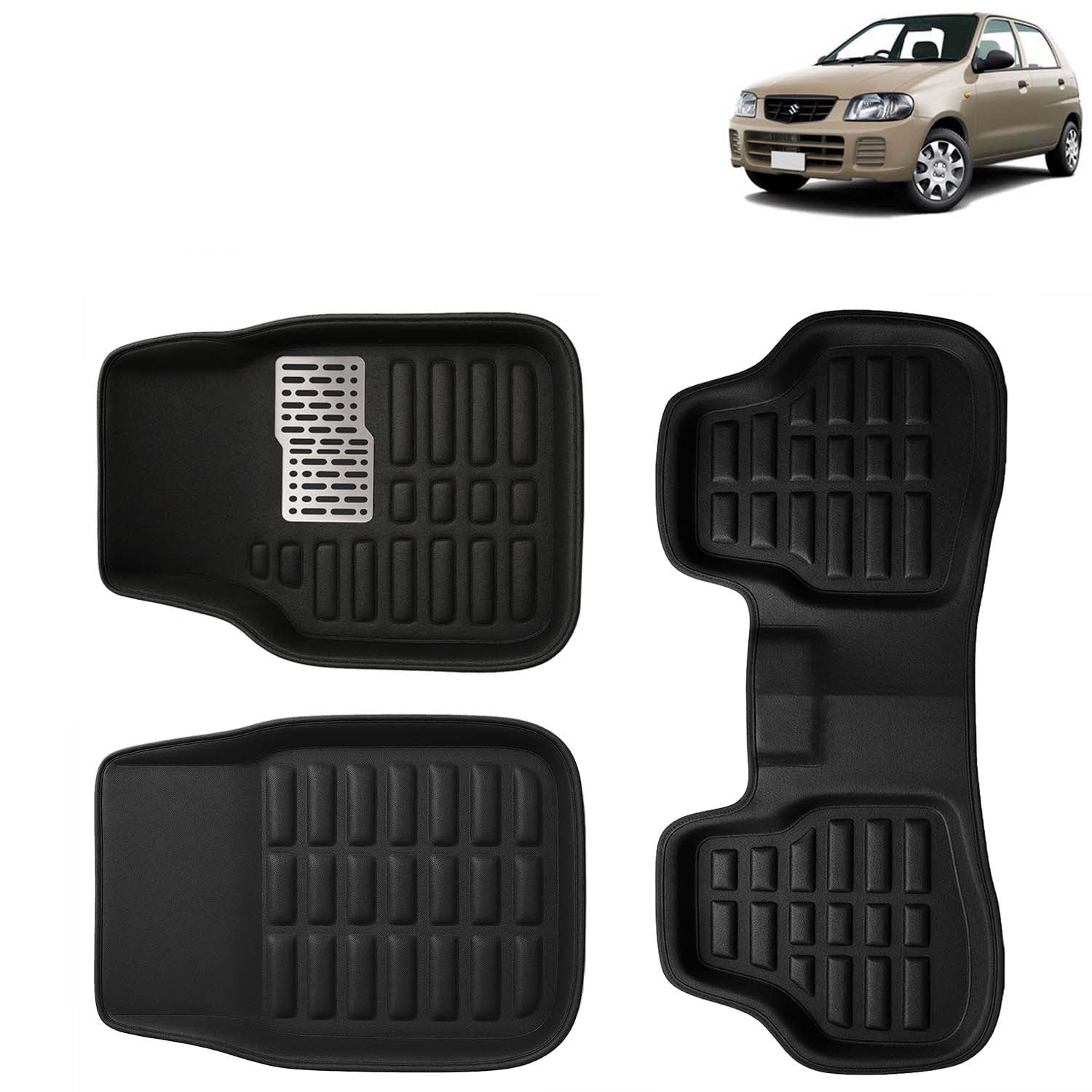 KINGSWAY Accessories Premium 3D Car Floor Mats Only Compatible with Maruti Suzuki Alto Year 2000 to 2012 All Model, Set of 3, 100% Waterproof Tray Shape PVC 3D Car Foot Mats Anti-Slip Car Mat, Black
