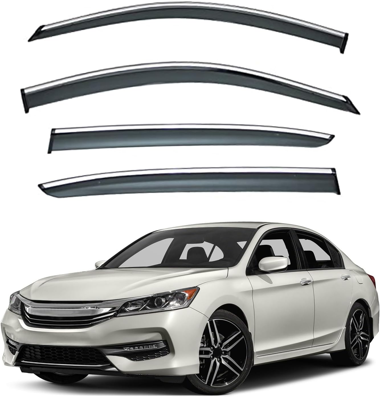 4pcs smoke tint with chrome trim outside mount tape on/clip on style pvc sun rain guard vent window visors compatible with 13-17 accord 4-door sedan