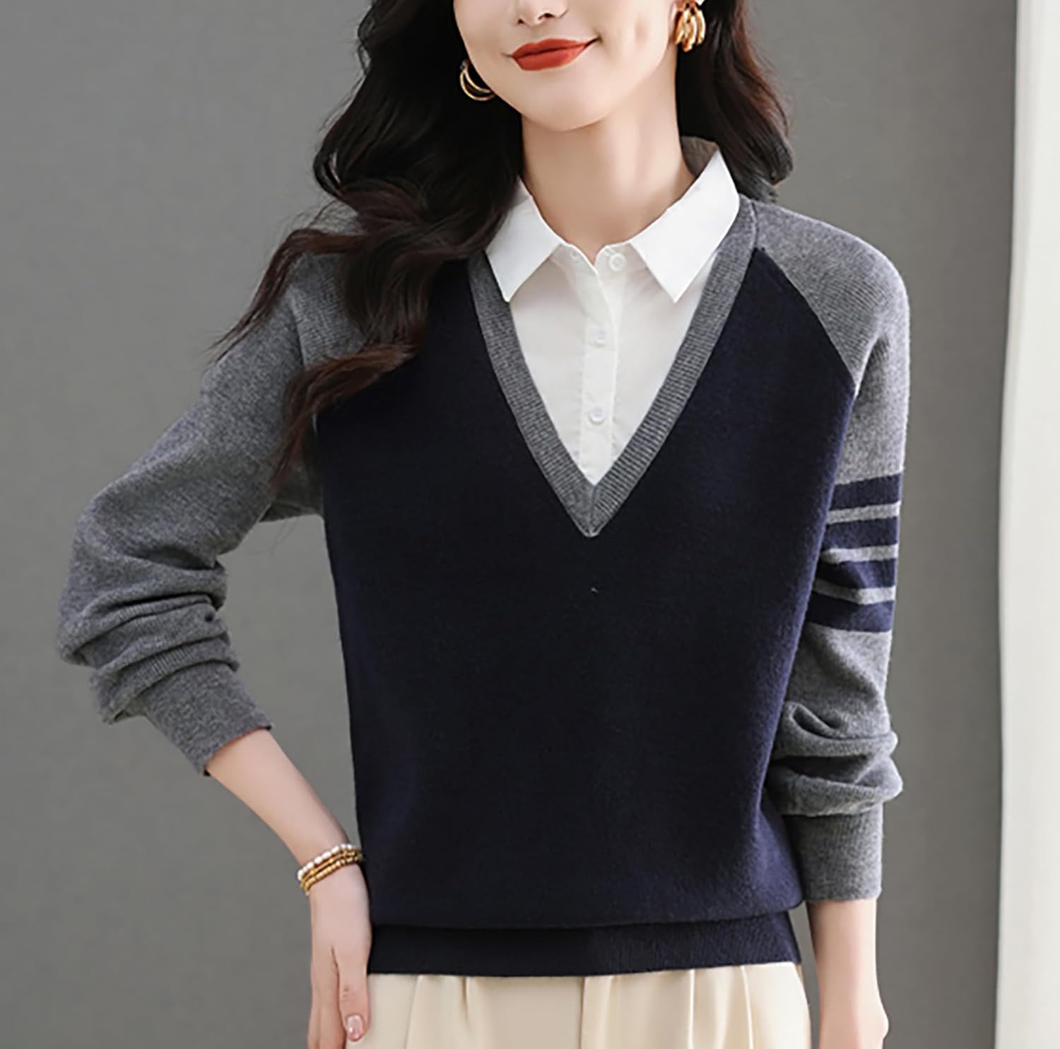 LAI MENG FIVE CATS Women's V-Neck Casual Collared 2 in 1 Pullover Top Long Sleeve Shirt Striped Contrast Blouse - Image 2