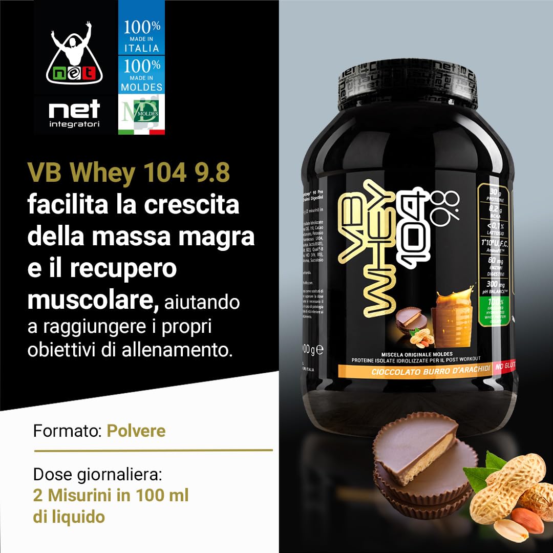 NET Integratori VB WHEY 104 9.8 Optipep - 900g Cioccolato al Burro Dâ€™Arachidi - Proteine Isolate Idrolizzate per via Enzimatica Con EAA e BCAA - Massimizza la Crescita e Mantenimento Muscolare