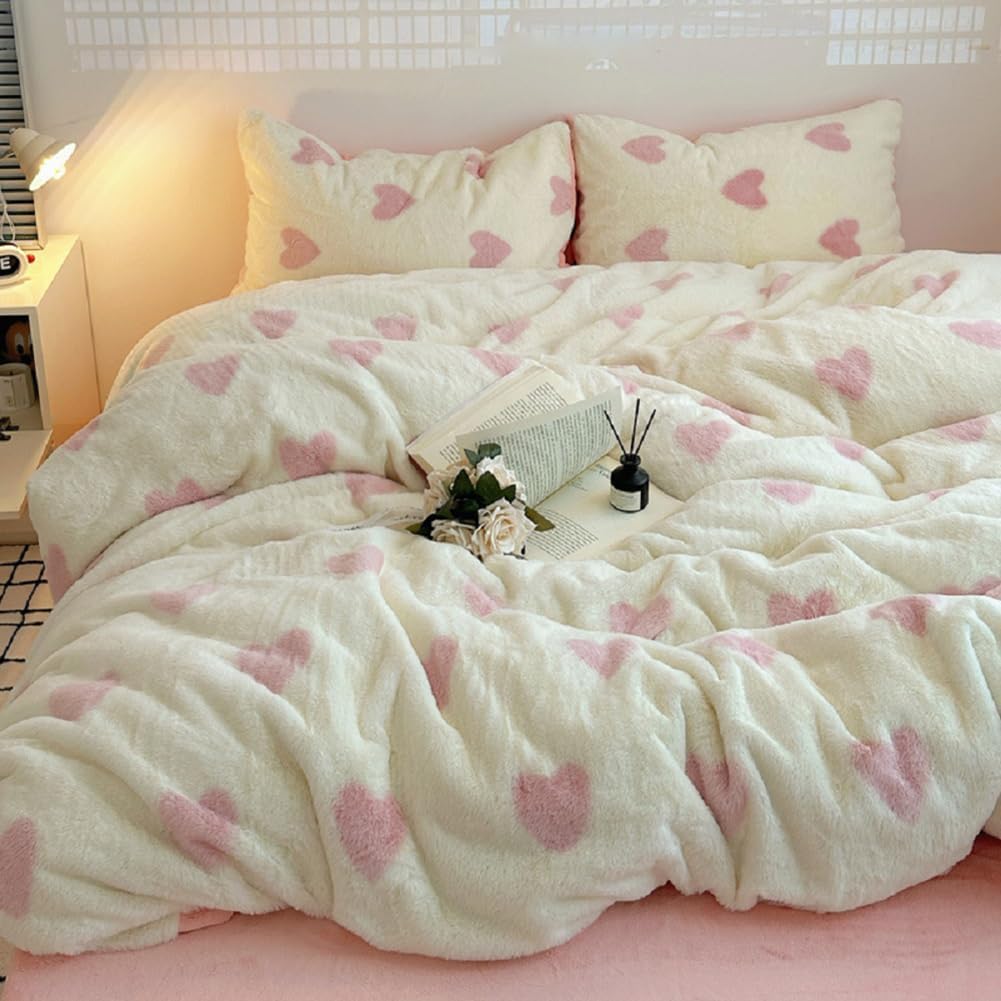 Nayoroom Fluffy Duvet Cover Set Full Size Faux Fur Velvet Flannel Pink Heart Printed Duvet Cover 3 Pieces Winter Warm Luxury Soft Shaggy Plush Fuzzy Bedding Set with Zipper Closure