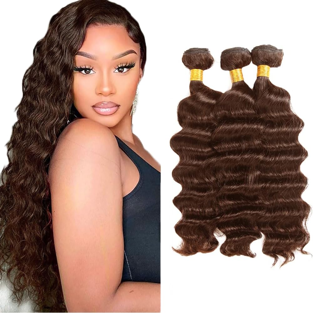 Creuost Human Hair Bundles #4 Chocolate Brown Deep Wave Weave 3 Bundles Total 300g Unprocessed Glueless Virgin Double Weft Human Hair Extension 30 32 34 Inch