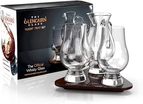 Glencairn - Juego de 2 vasos de whisky oficiales de Glencairn y bandeja de vuelo de agua - Juego de vasos de whisky de degustación para hombres y