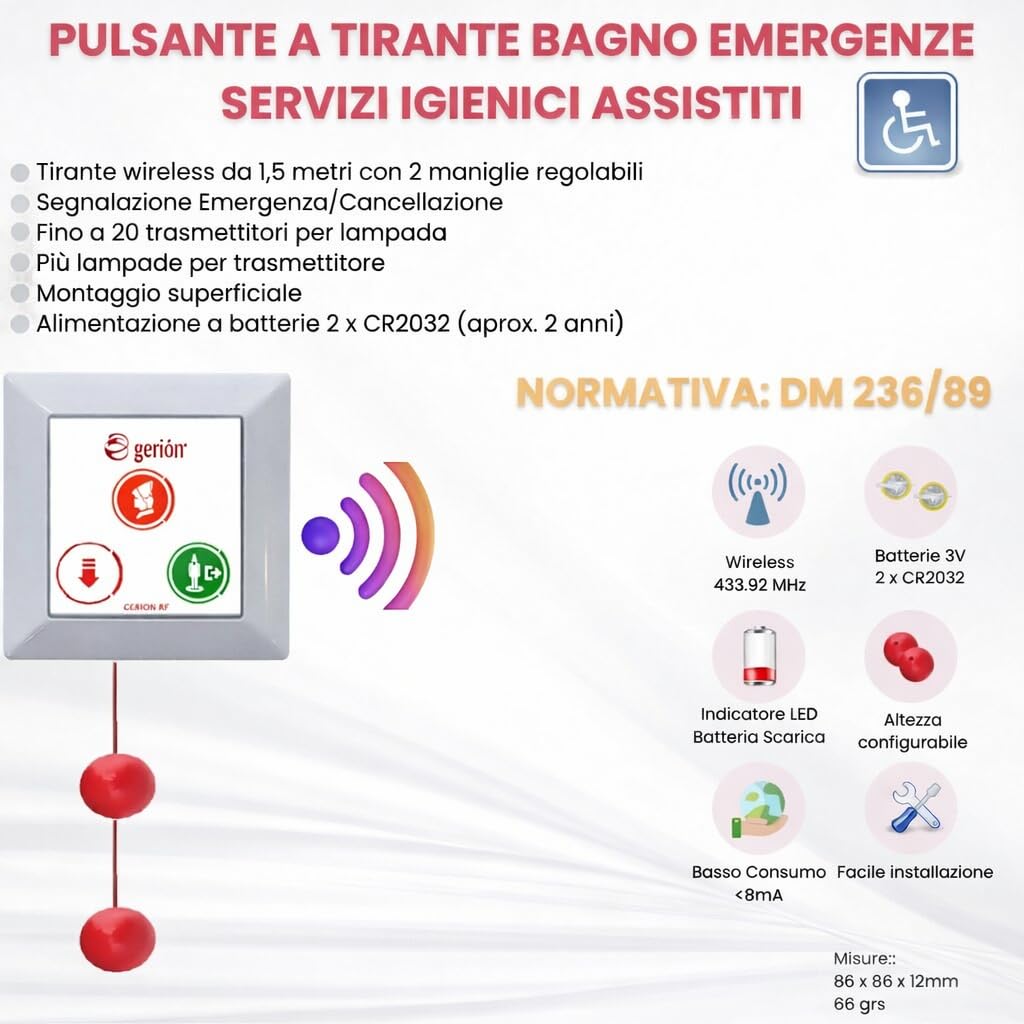 Kit Sistema di avvisi di allarme emergenza per bagno assistiti accessibili disabili, cliniche, repositori, ostacoli, ristoranti. Decreto Ministeriale