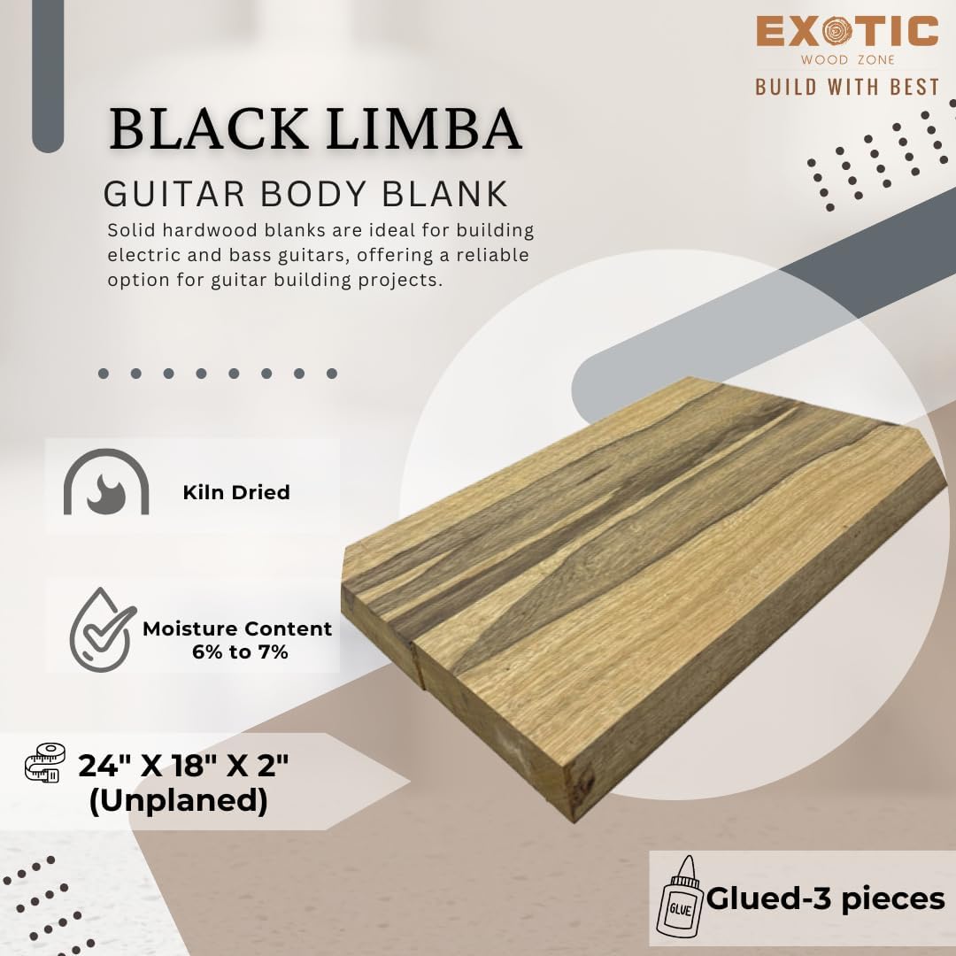 Exotic Wood Zone | Exotic Black Limba Semi Explorer Guitar Wood Body Blanks | 24" x 18" x 2" - 3 Piece (Unplaned) Glued
