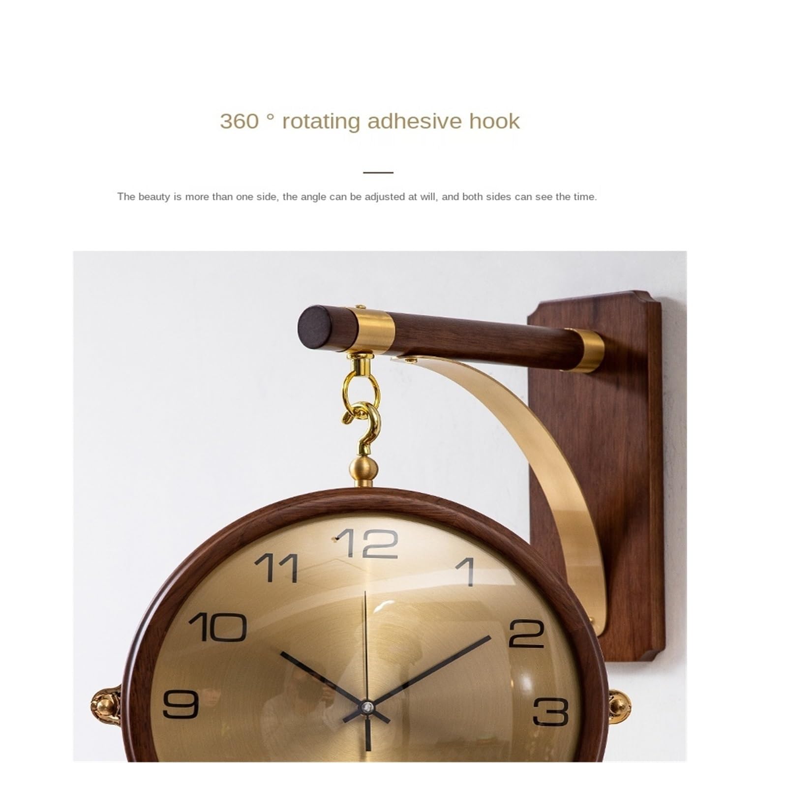 Reloj De Pared Lateral Doble Lujo, Madera Maciza Giratorio Silencioso Metal, Relojes Grandes Modernos, Decoración del Hogar, La Sala Estar Preciso Y Silencioso(360 Walnut Copper)