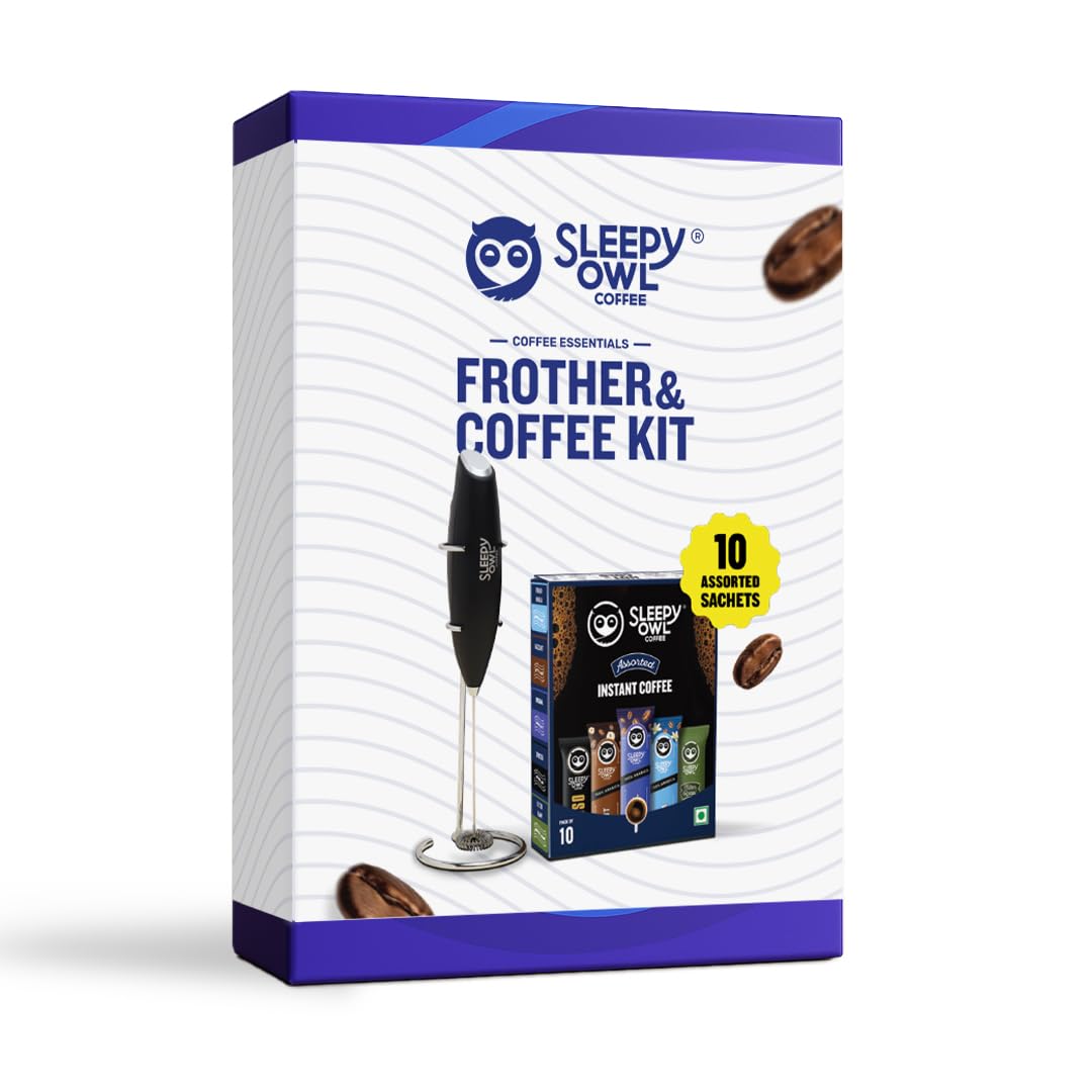 Sleepy Owl Frother & Coffee Kit | Elegant Black Frother with Stainless Steel Whisk | Assorted Instant Coffee Sachets | 5 Flavours | Ideal for Diwali & Festive Gifting-image-2