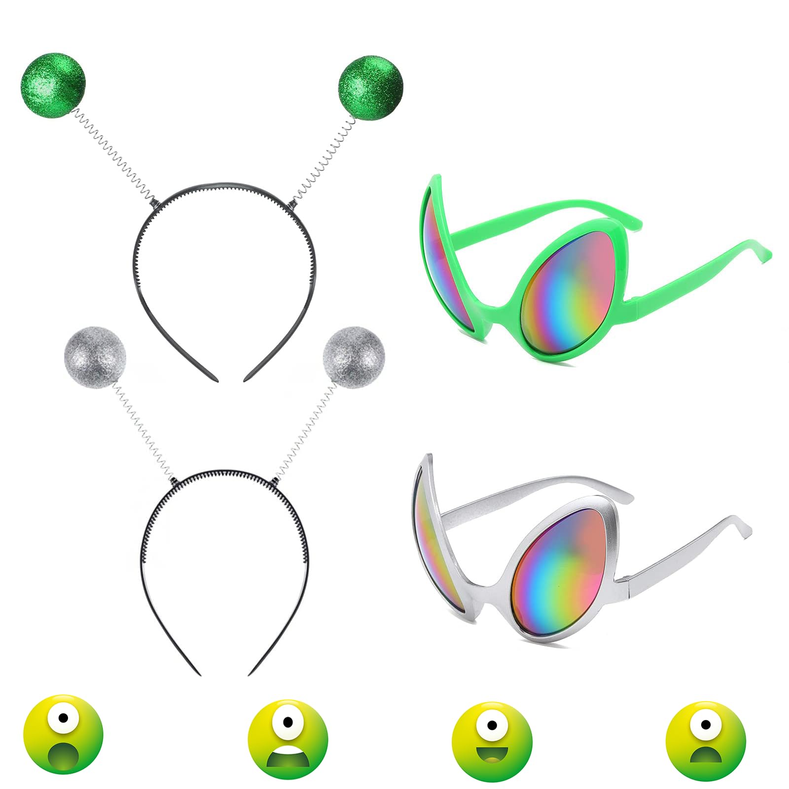ExbrithPack of 4 Alien Party Set Glasses, Mars Antenna Headband, Alien Sunglasses for Summer Parties, Green Silver Frame, Suitable as Photo Props and Atmosphere Props for Holiday Parties