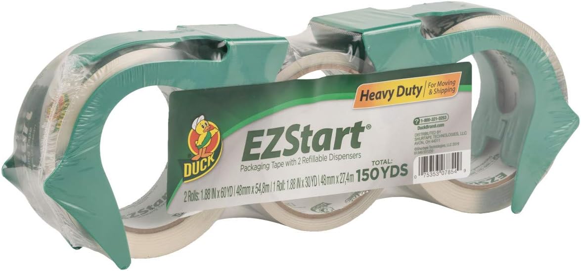 Duck EZ Start Packing Tape, 2 Dispensers, 3 Rolls, 150 Total Yards of 1.88 Inch Tape, Clear (1079097)
