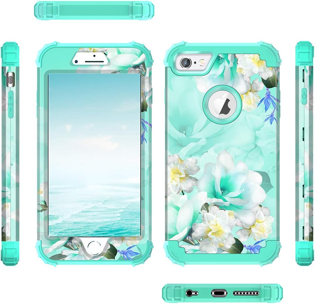 Casetego Compatible with iPhone 6S Plus Case,iPhone 6 Plus Case,Floral Three Layer Heavy Duty Sturdy Shockproof Full Body Protective Cover Case for Apple iPhone 6S Plus/6 Plus,Green/White
