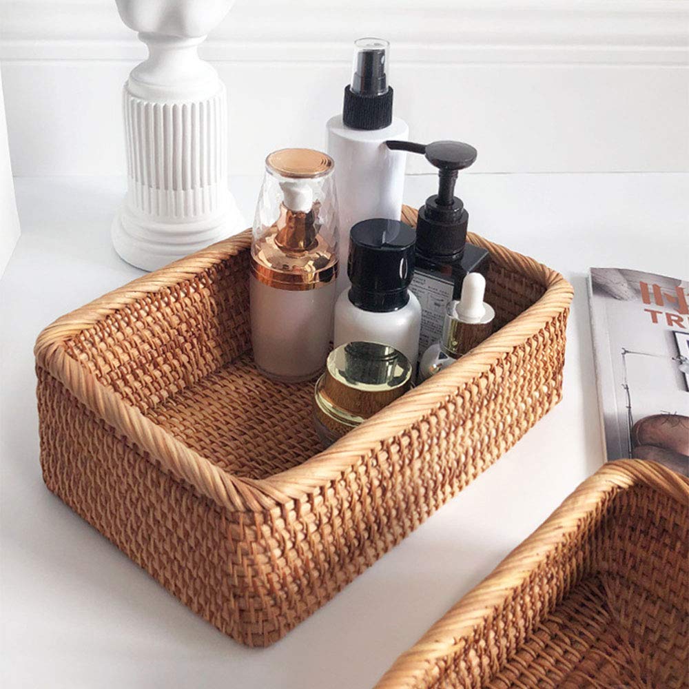 Cestas tejidas de ratán de 30 x 20 x 9 cm, cesta rectangular tejida para frutas, cestas de almacenamiento de mimbre, estantes para organizar y decorar la entrada, mesa, cocina, encimera